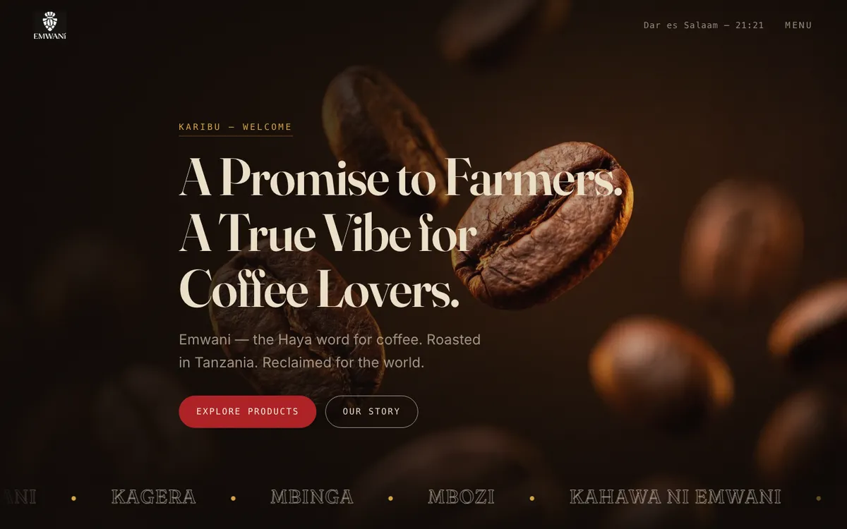 Emwani Coffee homepage — Tanzanian coffee roaster brand website