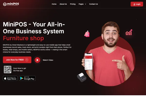 MiniPOS homepage — all-in-one business system app built by Samuel Mwanga