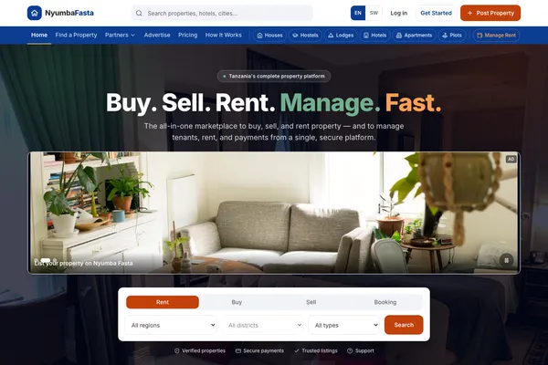 Nyumba Fasta homepage — property marketplace and rent management platform built by Samuel Mwanga