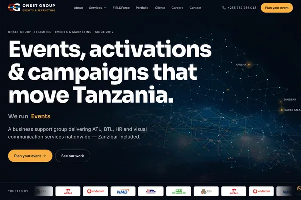 Onset Group homepage — events and marketing agency website built by Samuel Mwanga