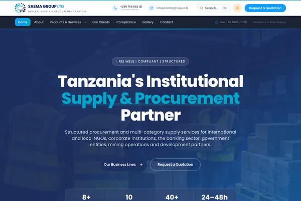 Saema Group Ltd homepage — institutional supply and procurement partner website built by Samuel Mwanga
