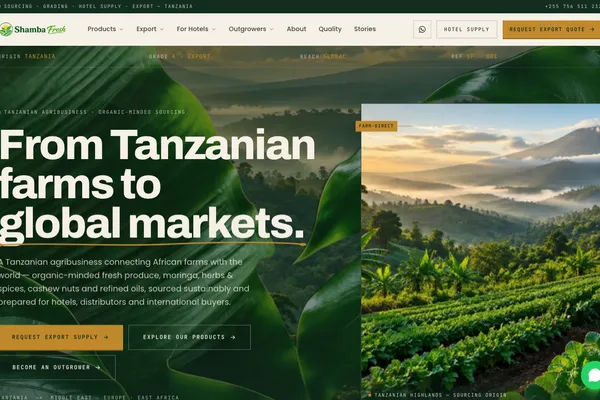 ShambaFresh homepage — Tanzanian agricultural exporter website built by Samuel Mwanga