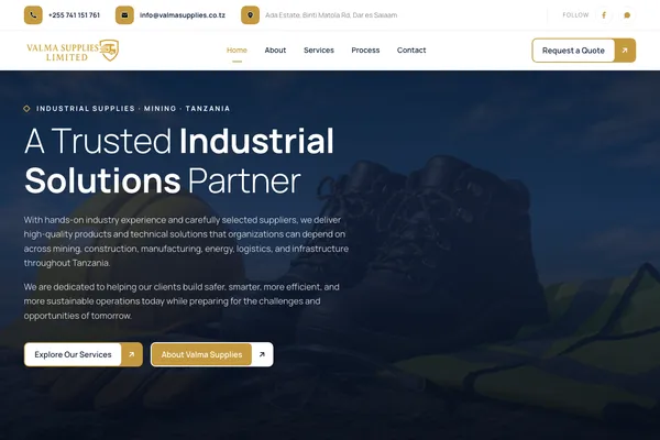 Valma Supplies Limited homepage — industrial supplies company website built by Samuel Mwanga