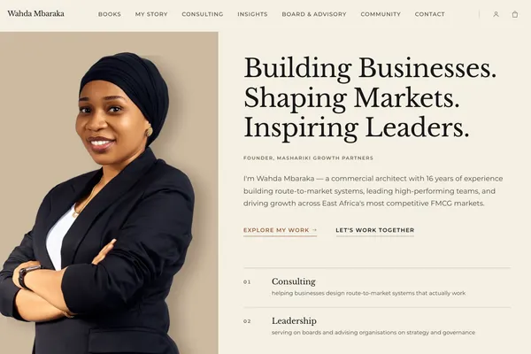 Wahda Mbaraka homepage — personal brand website for a commercial strategist built by Samuel Mwanga